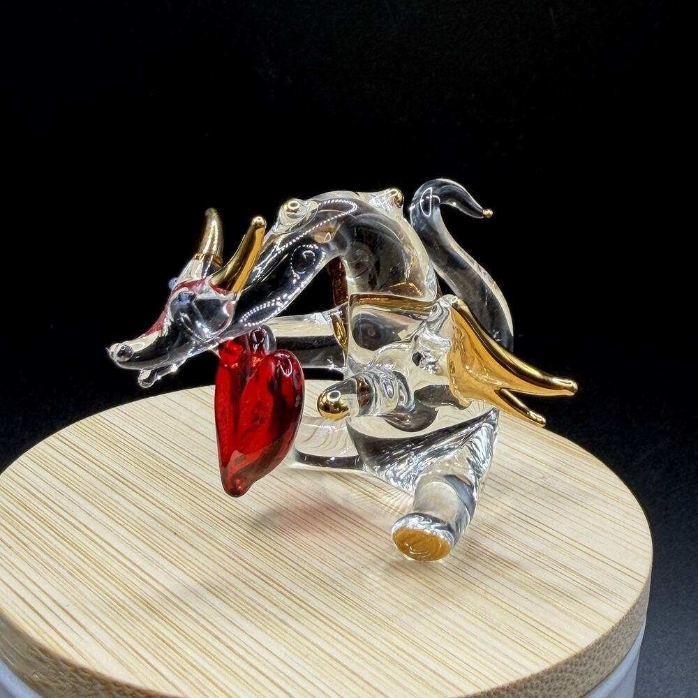 Hand Blown Miniature Glass Dragon Figurine Clear & Gold with Red Heart Valentine